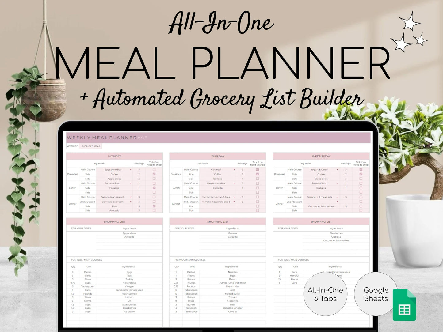 Weekly Meal Planner & Grocery List – Google Sheets & Printable