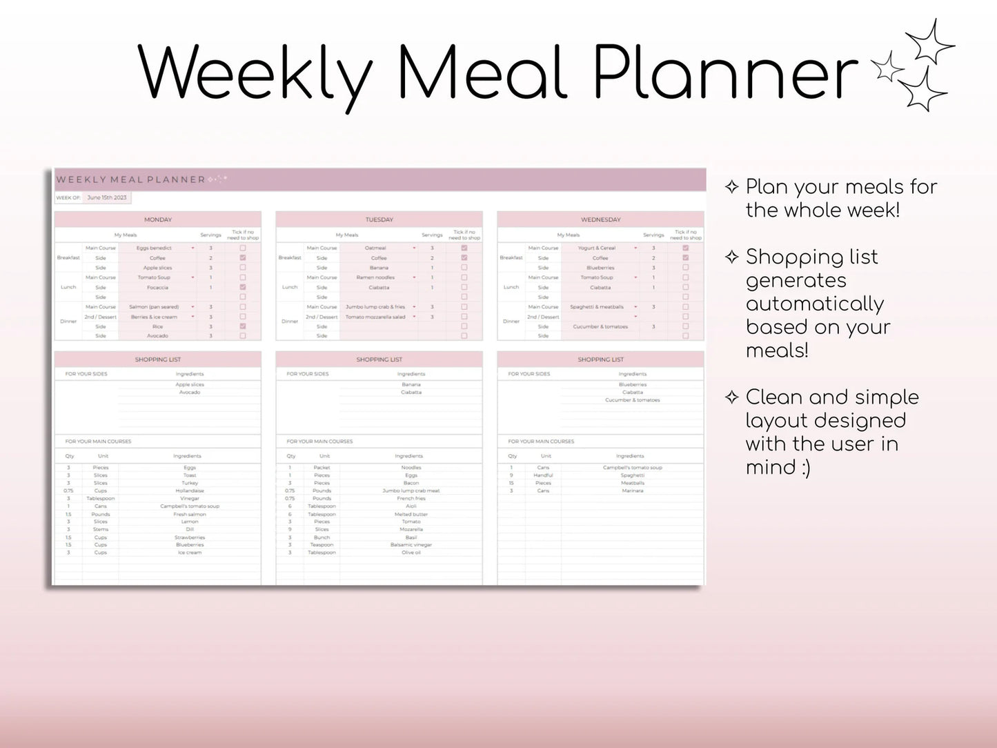 Weekly Meal Planner & Grocery List – Google Sheets & Printable